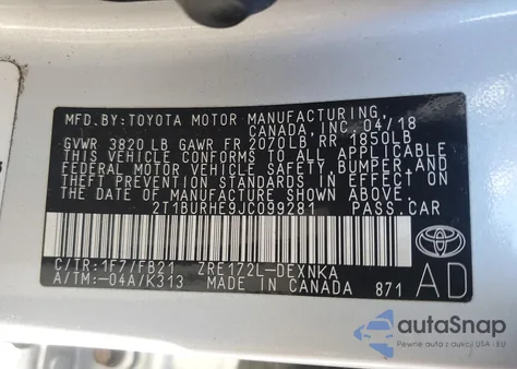 2018 Toyota Corolla L from USA, damaged, VIN 2T1BURHE9JC099281